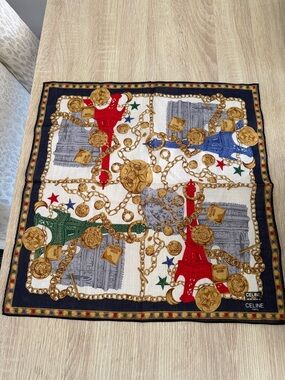 Celine Paris Cotton Scarf with Gold Chain & Eiffel Motif